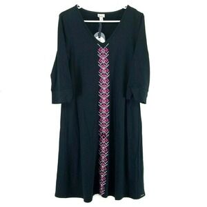 Hatley Elsie Dress Medium Black Pink Knit Embroidered 3/4 Sleeves‎ V-Neck Swing